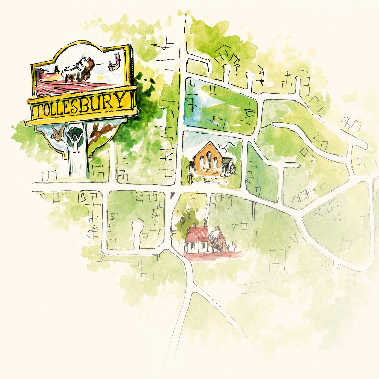 Watercolour map of Tollesbury village, with the village sign